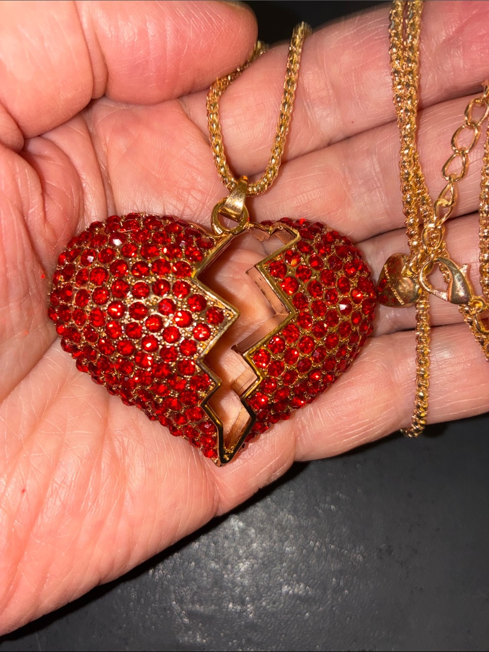 Gold-Tone Red Crystal Broken Heart Pendant Necklace